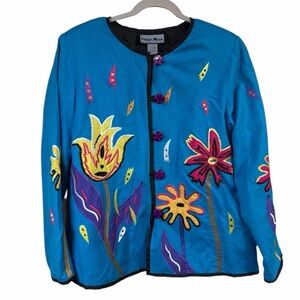 VTG Indigo Moon Blue Yellow Floral Embroidered Blazer Jacket Size Small